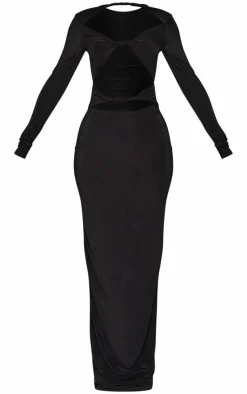 Petite Black Slinky Cut Out Long Sleeve Maxi Dress