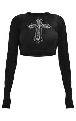 Petite Black Slinky Diamante Cross Crop Top
