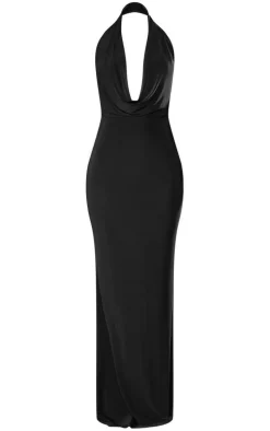 Petite Black Slinky Extreme Cowl Backless Midaxi Dress
