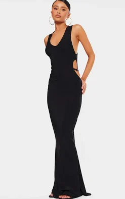 Petite Black Slinky Racer Neck Maxi Dress With Cut Out Belt Details