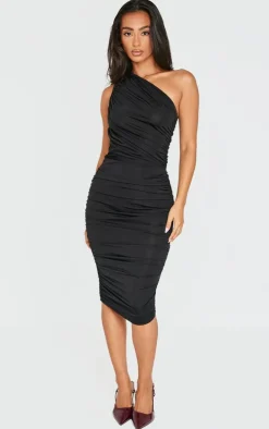 Petite Black Slinky Ruched One Shoulder Longline Midi Dr