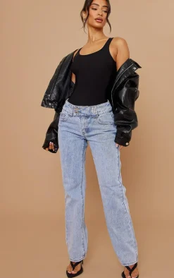 Petite Black Slinky Square Neck Thong Bodysuit