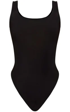 Petite Black Slinky Square Neck Thong Bodysuit
