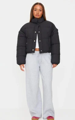 Petite Black Soft Nylon Set In Sleeve Popper Pocket Puffer Jacket