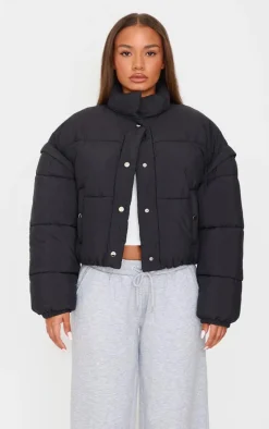 Petite Black Soft Nylon Set In Sleeve Popper Pocket Puffer Jacket