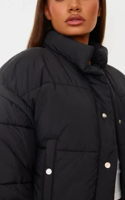 Petite Black Soft Nylon Set In Sleeve Popper Pocket Puffer Jacket