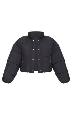Petite Black Soft Nylon Set In Sleeve Popper Pocket Puffer Jacket