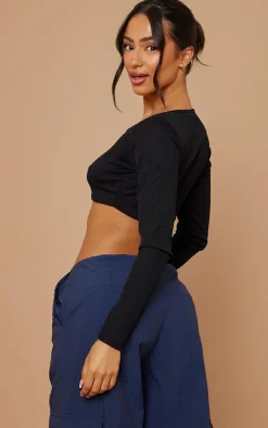 Petite Black Square Neck Ribbed Long Sleeve Crop Top