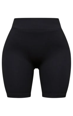 Petite Black Structured Snatched Rib Bike Shorts