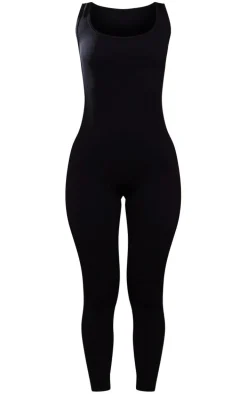 Petite Black Structured Snatched Ribbed Scoop Neck Jumpsuit