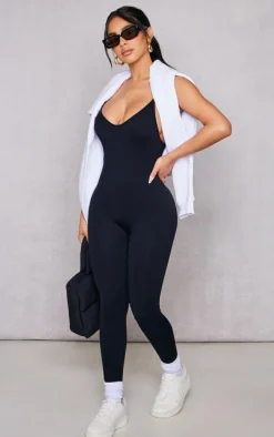 Petite Black Structured Snatched Rib Strappy Plunge Jumpsuit