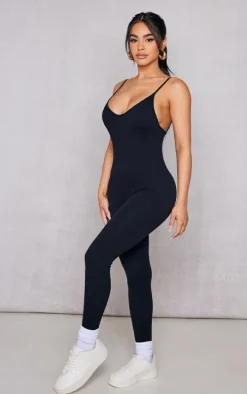 Petite Black Structured Snatched Rib Strappy Plunge Jumpsuit