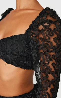 Petite Black Textured Woven Mesh Sleeve Crop Top