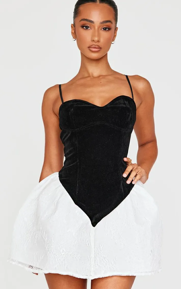 Petite Black Velvet Dipped Waist Detail Lace Hem Mini Dress