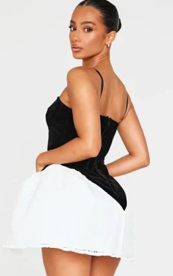 Petite Black Velvet Dipped Waist Detail Lace Hem Mini Dress