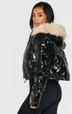 Petite Black Vinyl Faux Fur Hood Puffer Jacket
