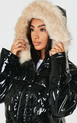 Petite Black Vinyl Faux Fur Hood Puffer Jacket