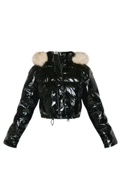 Petite Black Vinyl Faux Fur Hood Puffer Jacket
