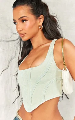 Petite Bleach Wash Denim Seam Detail Corset