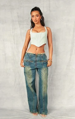 Petite Bleach Wash Denim Seam Detail Corset