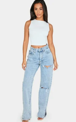 Petite Bleach Wash Ripped Split Hem Jeans
