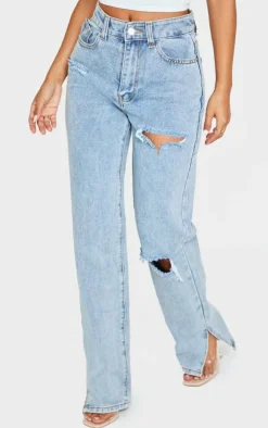 Petite Bleach Wash Ripped Split Hem Jeans