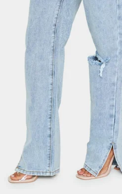 Petite Bleach Wash Ripped Split Hem Jeans