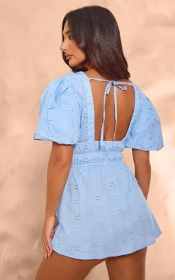 Petite Blue Broderie Puff Sleeve Tie Back Shift Dress