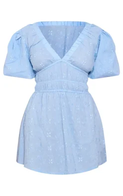 Petite Blue Broderie Puff Sleeve Tie Back Shift Dress