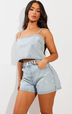 Petite Blue Denim Diamante Crop Top