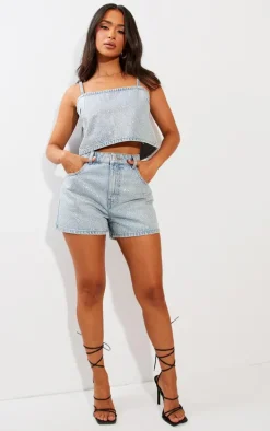 Petite Blue Denim Diamante Crop Top