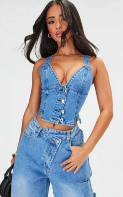 Petite Blue Denim Fitted Button Up Vest
