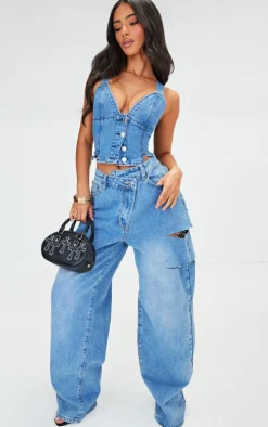 Petite Blue Denim Fitted Button Up Vest