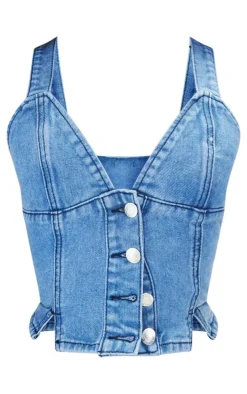 Petite Blue Denim Fitted Button Up Vest