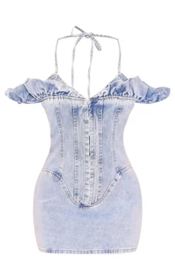 Petite Blue Denim Halterneck Frill Detail Mini Dress