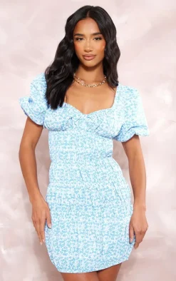 Petite Blue Floral Puff Sleeve Mini Dress
