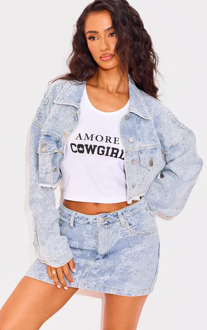 Petite Blue Jacquard Denim Cropped Jacket