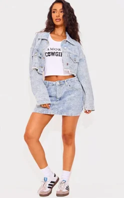 Petite Blue Jacquard Denim Cropped Jacket