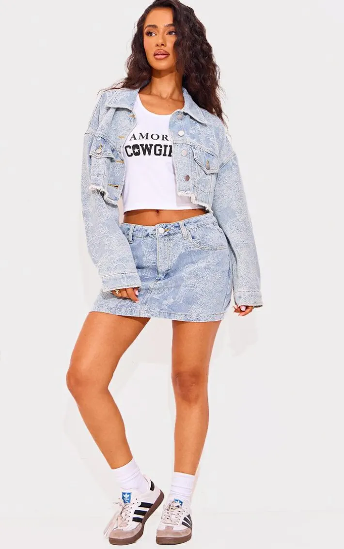 Petite Blue Jacquard Denim Cropped Jacket