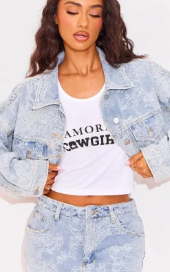 Petite Blue Jacquard Denim Cropped Jacket