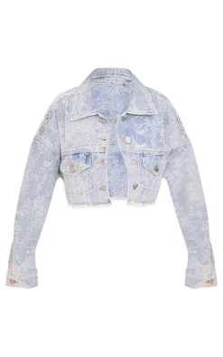 Petite Blue Jacquard Denim Cropped Jacket