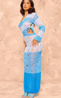 Petite Blue One Sleeve Open Knit Maxi Dress