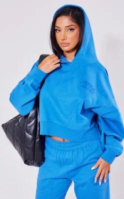 Petite Blue Premium Tonal Print Panelled Boxy Hoodie