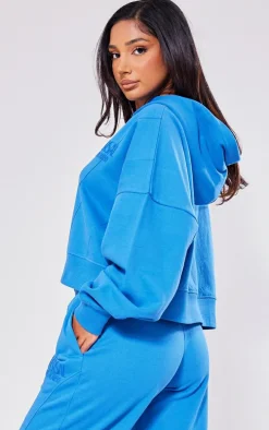 Petite Blue Premium Tonal Print Panelled Boxy Hoodie