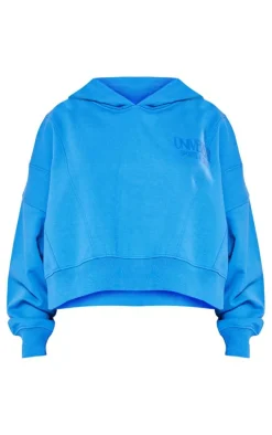 Petite Blue Premium Tonal Print Panelled Boxy Hoodie
