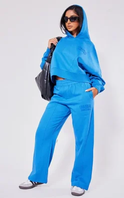 Petite Blue Premium Tonal Print Panelled Straight Leg Sweatpants