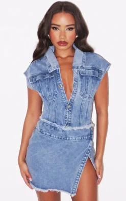Petite Blue Sleeveless Wrap Over Denim Mini Dress