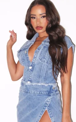 Petite Blue Sleeveless Wrap Over Denim Mini Dress