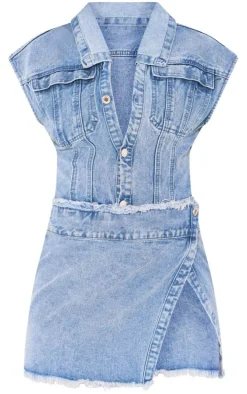 Petite Blue Sleeveless Wrap Over Denim Mini Dress