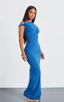 Petite Blue Slinky Twist Shoulder Maxi Dress